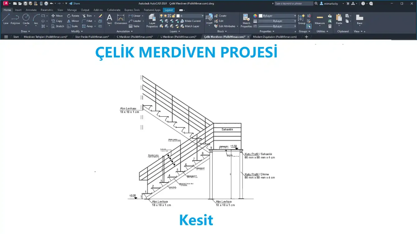 Çelik Merdiven Projesi (Premium) – DWG Çizim Seti (Plan, Kesit, Görünüş)