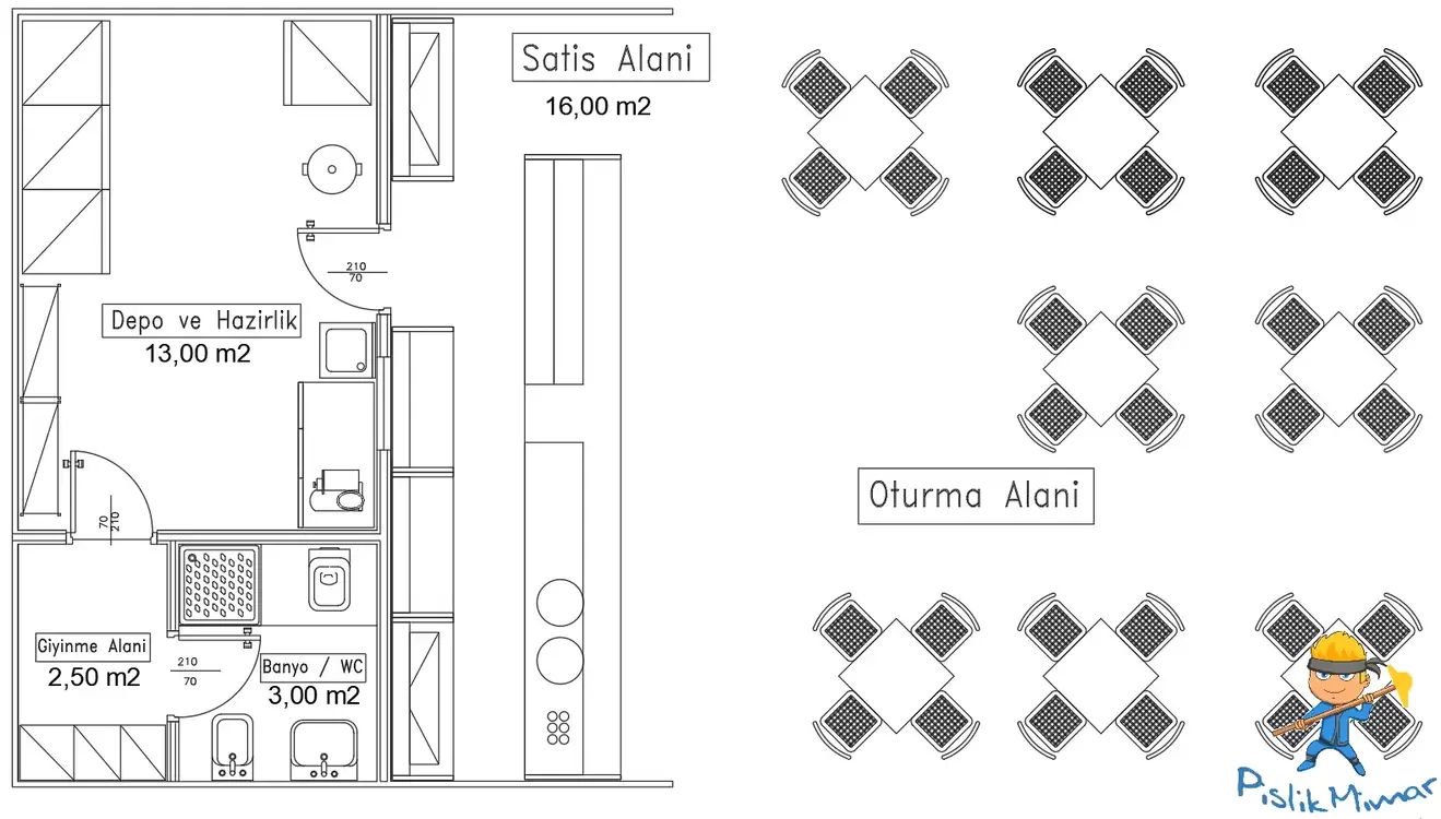 80 m² / Cafe - Restoran Projesi (Autocad - DWG)
