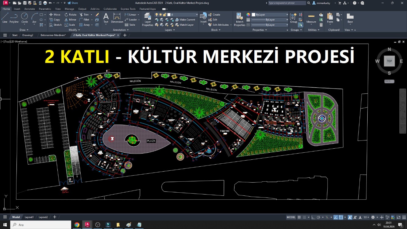 2 Katlı, Oval Kültür Merkezi Projesi (DWG İNDİR)