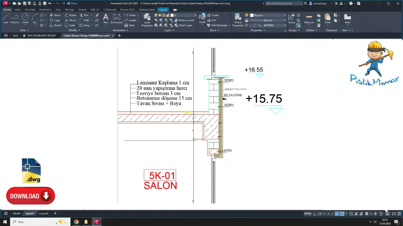 1/20 Ölçek Cephe Sistem Detayı – PDF Çizim Seti (DWG İNDİR)