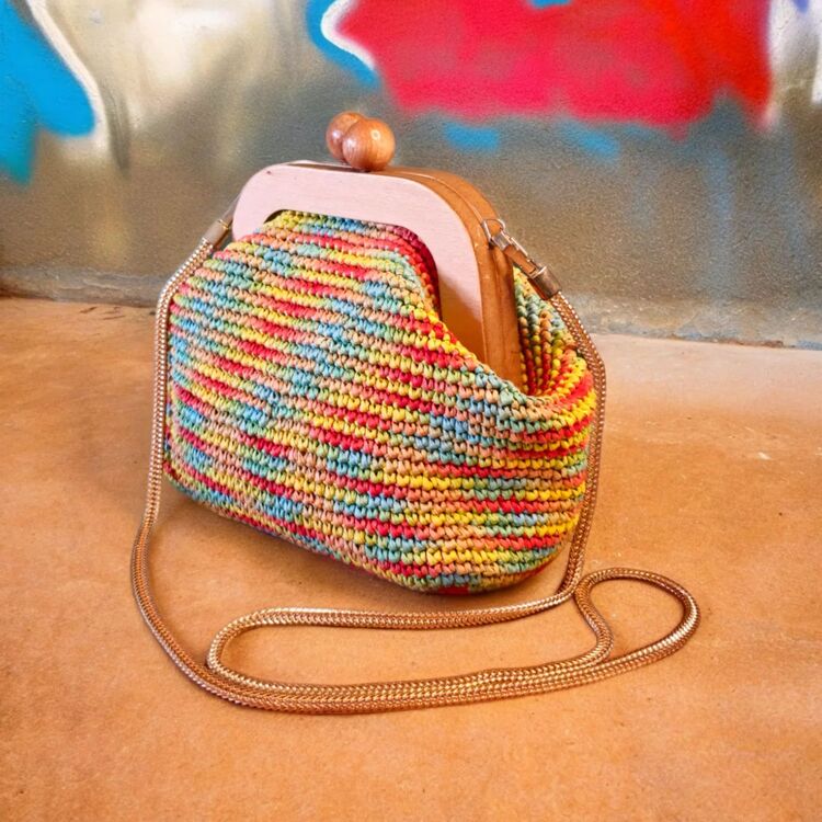 Renkli Rafya, Ahşap Burslu Clutch ve Omuz Çantası
