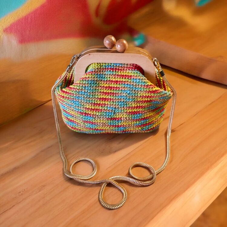 Renkli Rafya, Ahşap Burslu Clutch ve Omuz Çantası