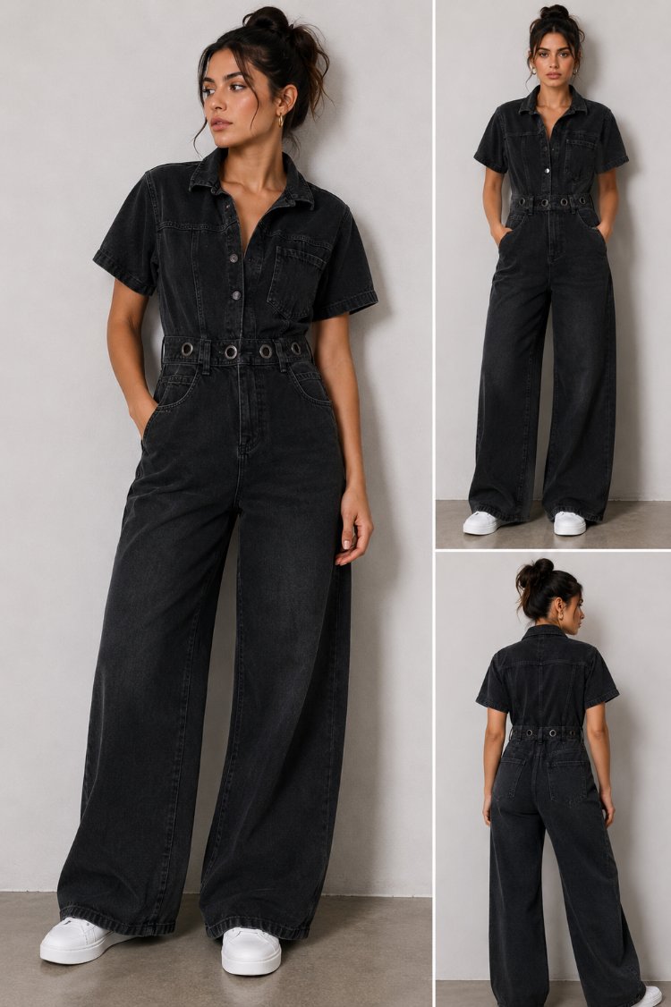 SİYAH DENİM WIDE LEG TULUM