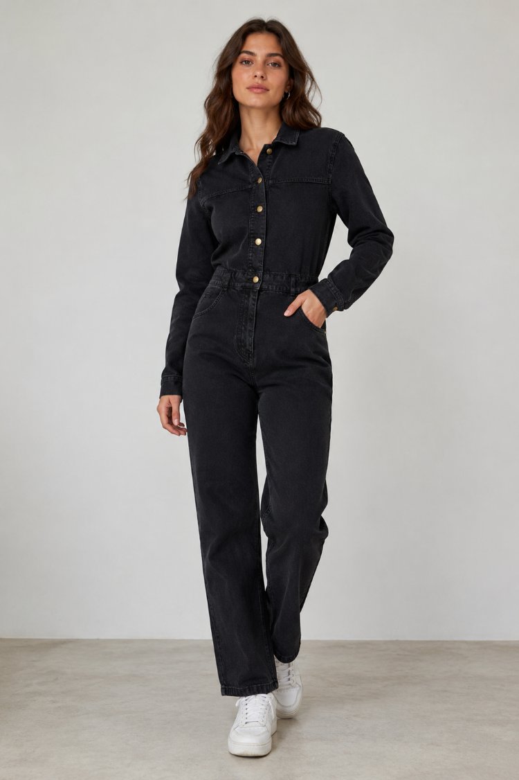  Bayan Siyah Denim Tulum
