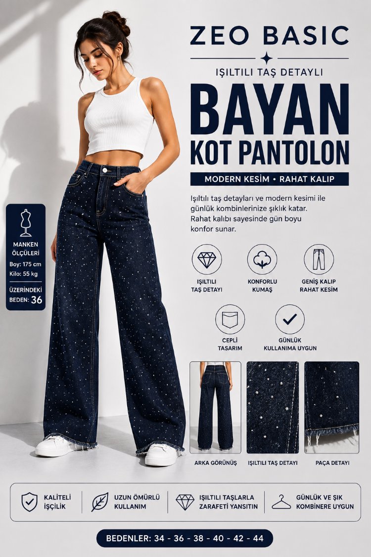 ✨ AMBAR DENIM Işıltılı Taş Detaylı Bayan Kot Pantolon

