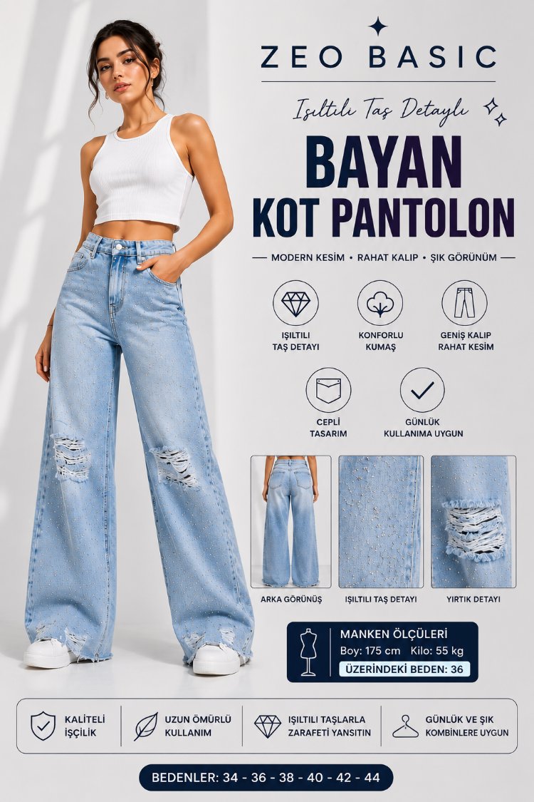 ✨ ZEO BASIC Işıltılı Taş Detaylı Bayan Kot Pantolon