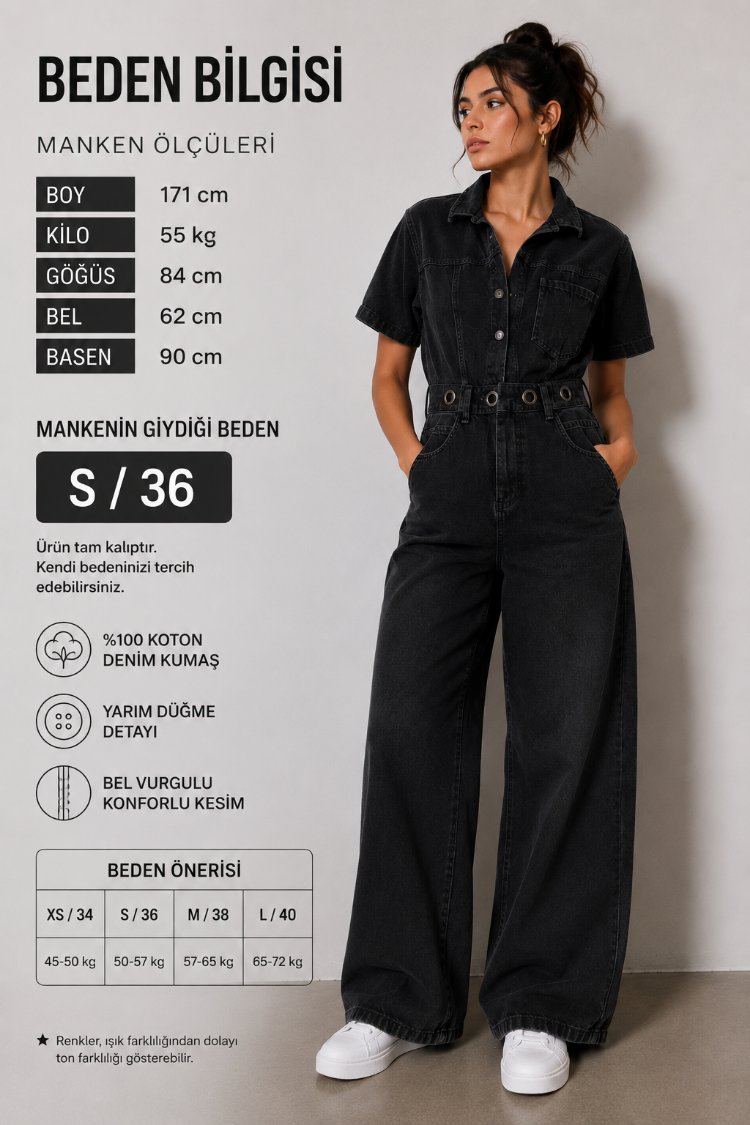 SİYAH DENİM WIDE LEG TULUM