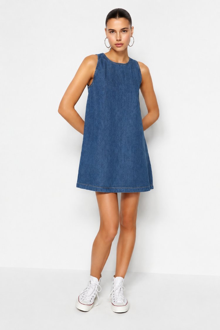 Koyu Mavi Volanlı Oversize Mini Denim Elbise TWOSS23EL01942

