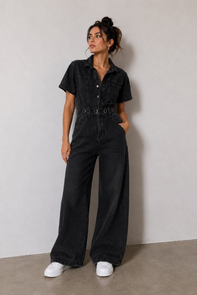 SİYAH DENİM WIDE LEG TULUM