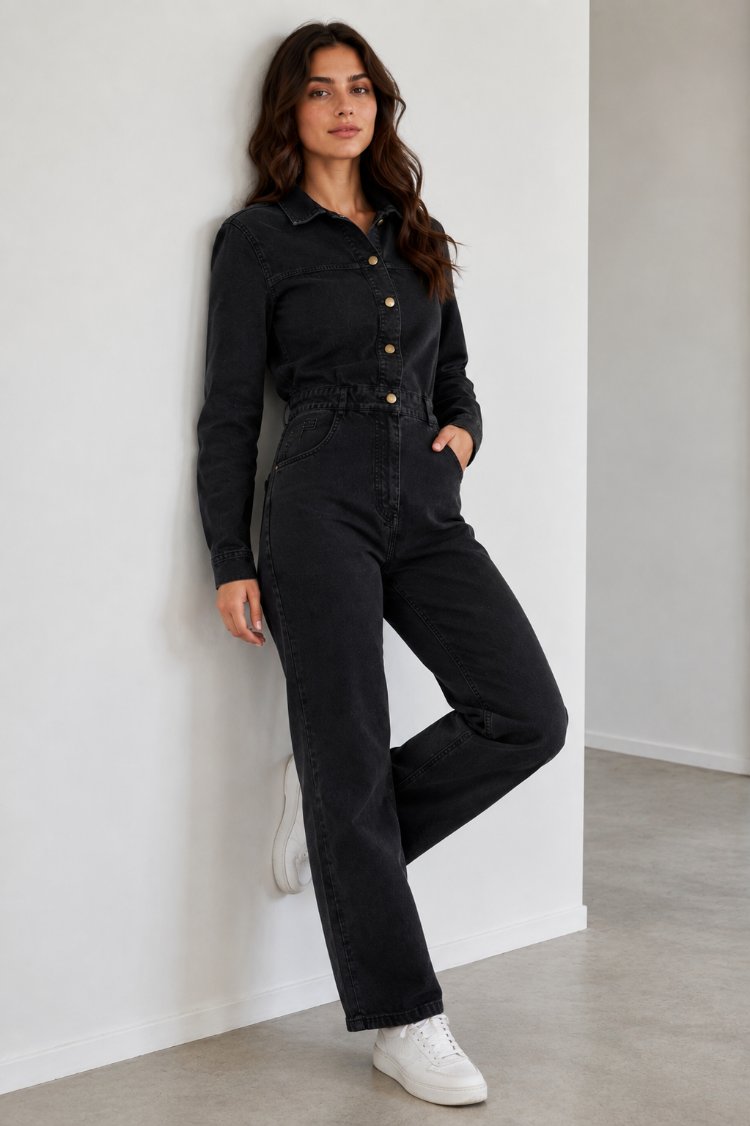  Bayan Siyah Denim Tulum