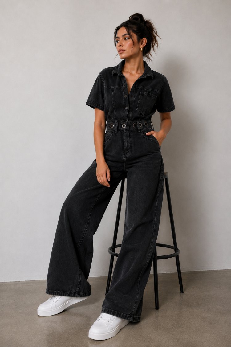 SİYAH DENİM WIDE LEG TULUM