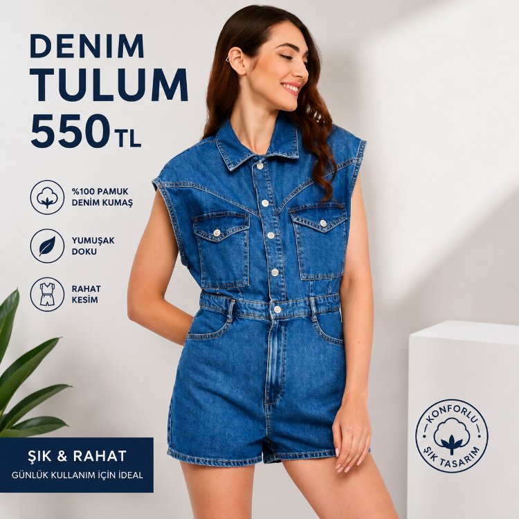  Kot Şort Tulum, Mavi, 