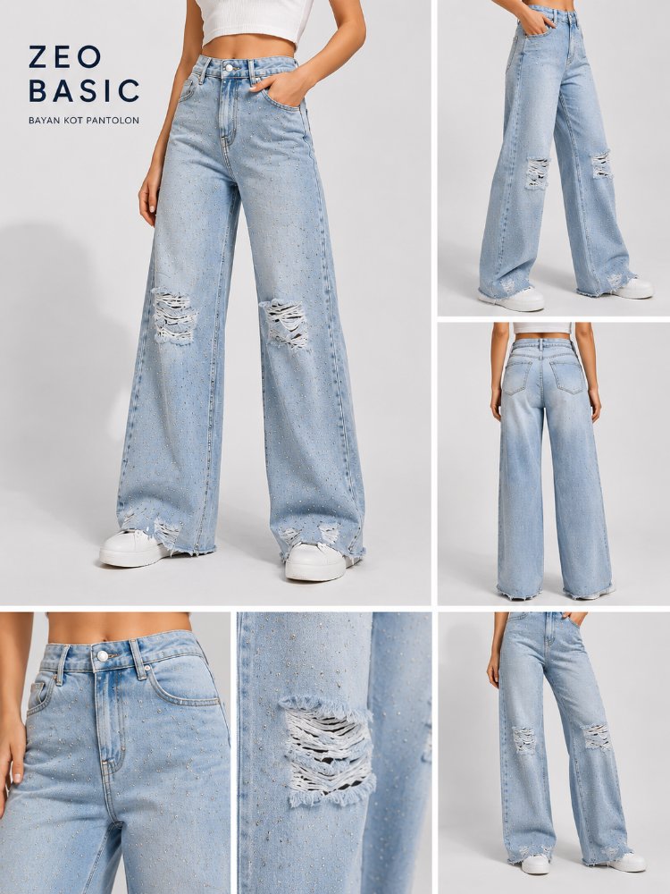 ✨ ZEO BASIC Işıltılı Taş Detaylı Bayan Kot Pantolon