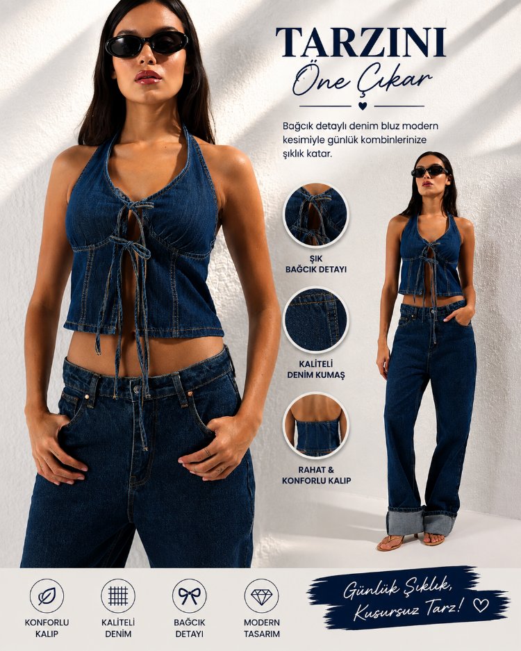  Koyu Mavi Bağlama Detaylı Halter Yaka Denim Bluz TWOSS25BZ00431

