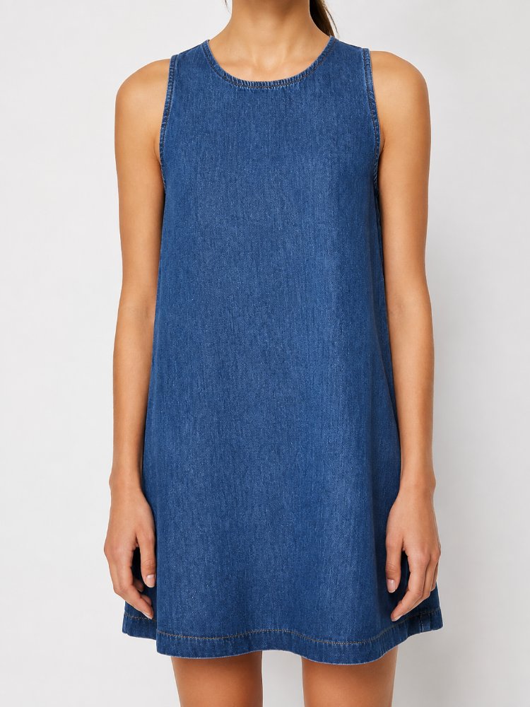 Koyu Mavi Volanlı Oversize Mini Denim Elbise TWOSS23EL01942

