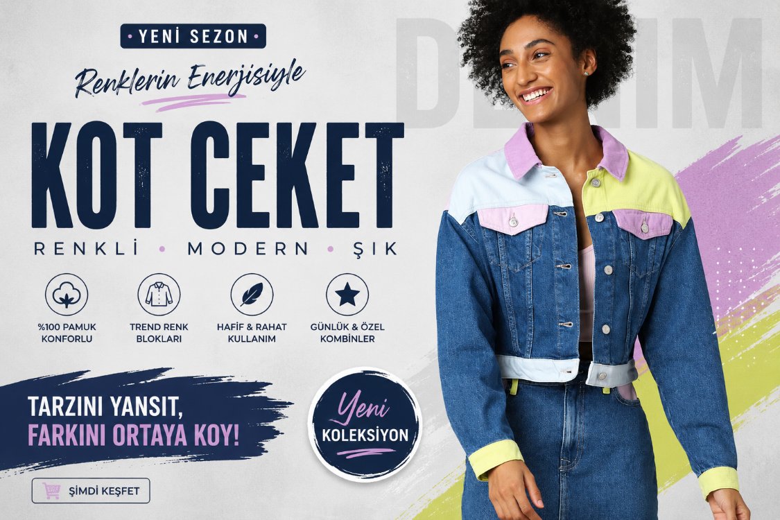 ONLY Kadın Mavi Renk Bloklu Kısa Kot Ceket