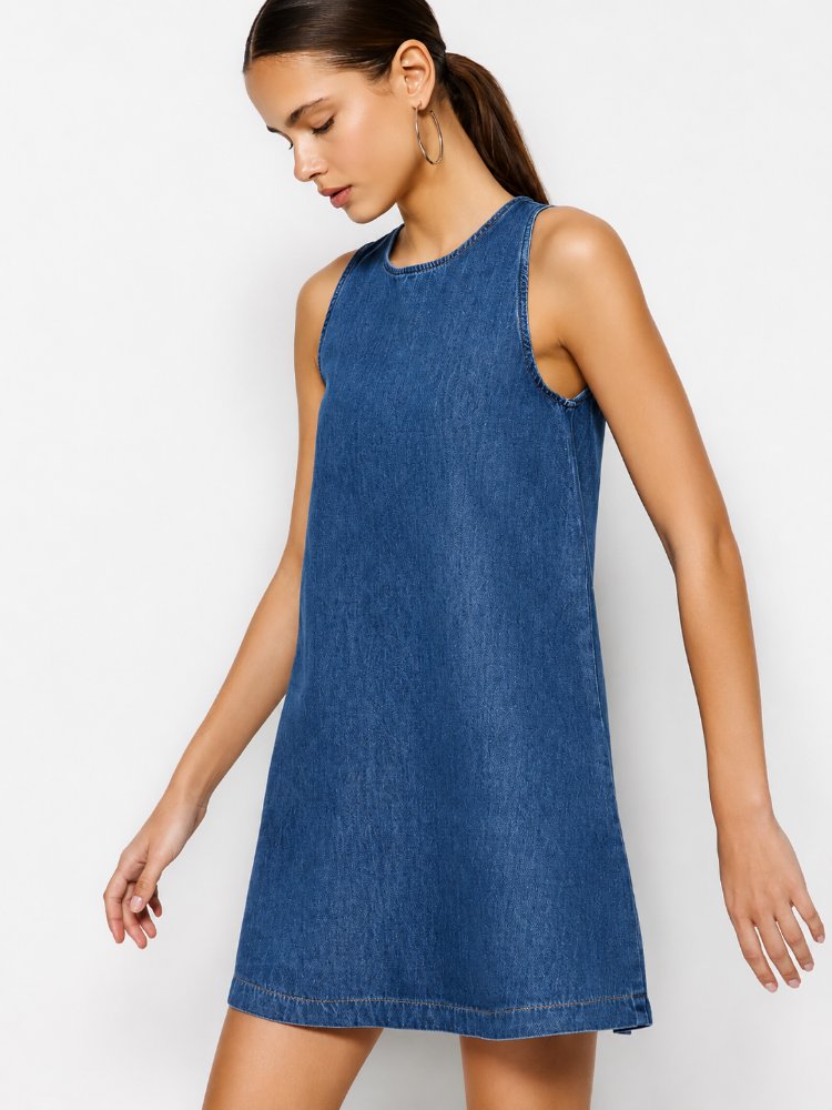 Koyu Mavi Volanlı Oversize Mini Denim Elbise TWOSS23EL01942

