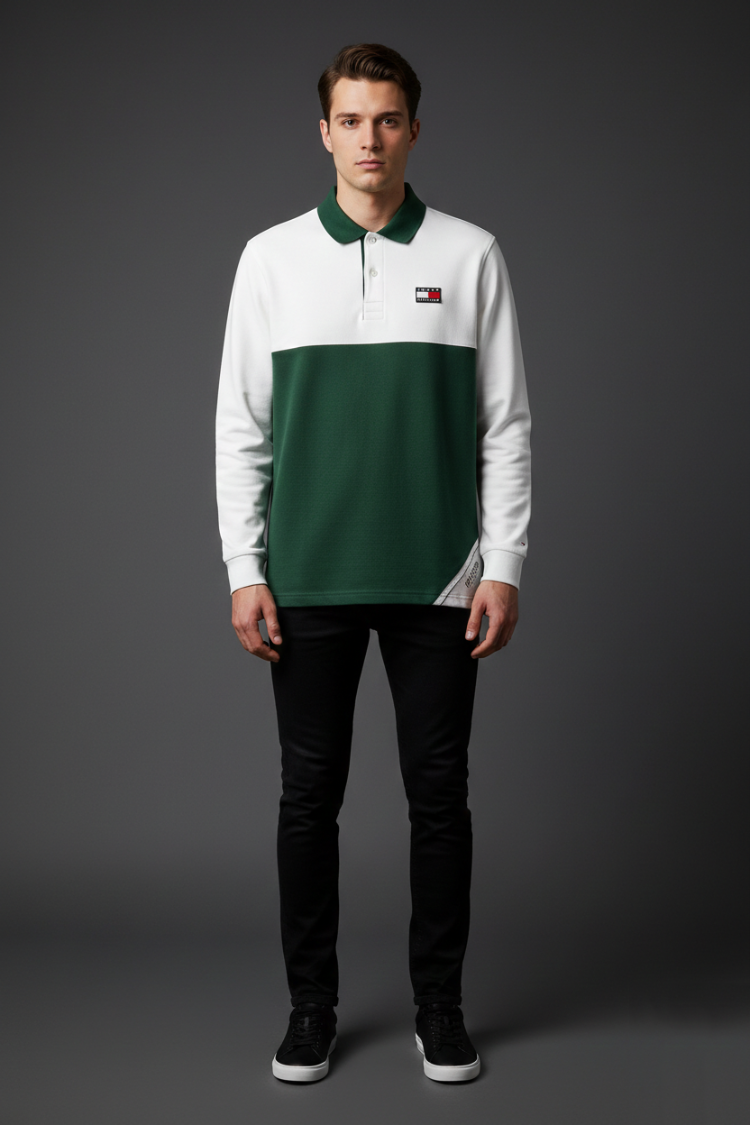 Tomy Hlgfer Klasik Polo Yaka Colorblock Sweatshirt - Yeşil/Beyaz