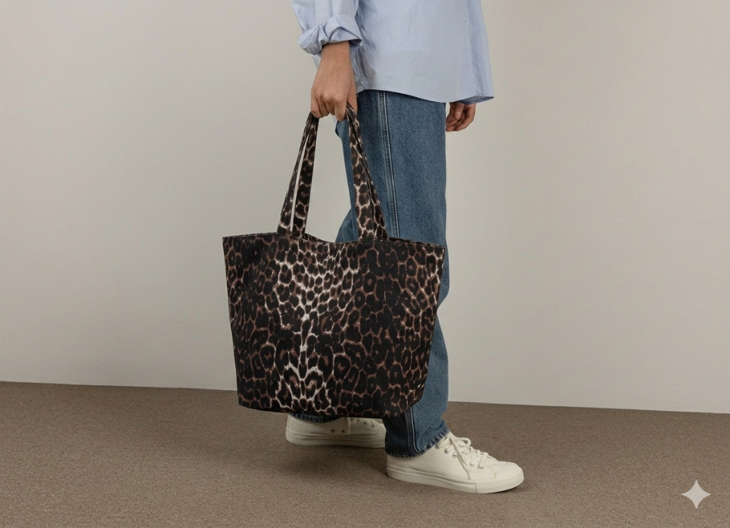 Pomèlie Mega Tote - Çift Taraflı (Leopar & Vizon) Dev Hacimli El Yapımı Çanta