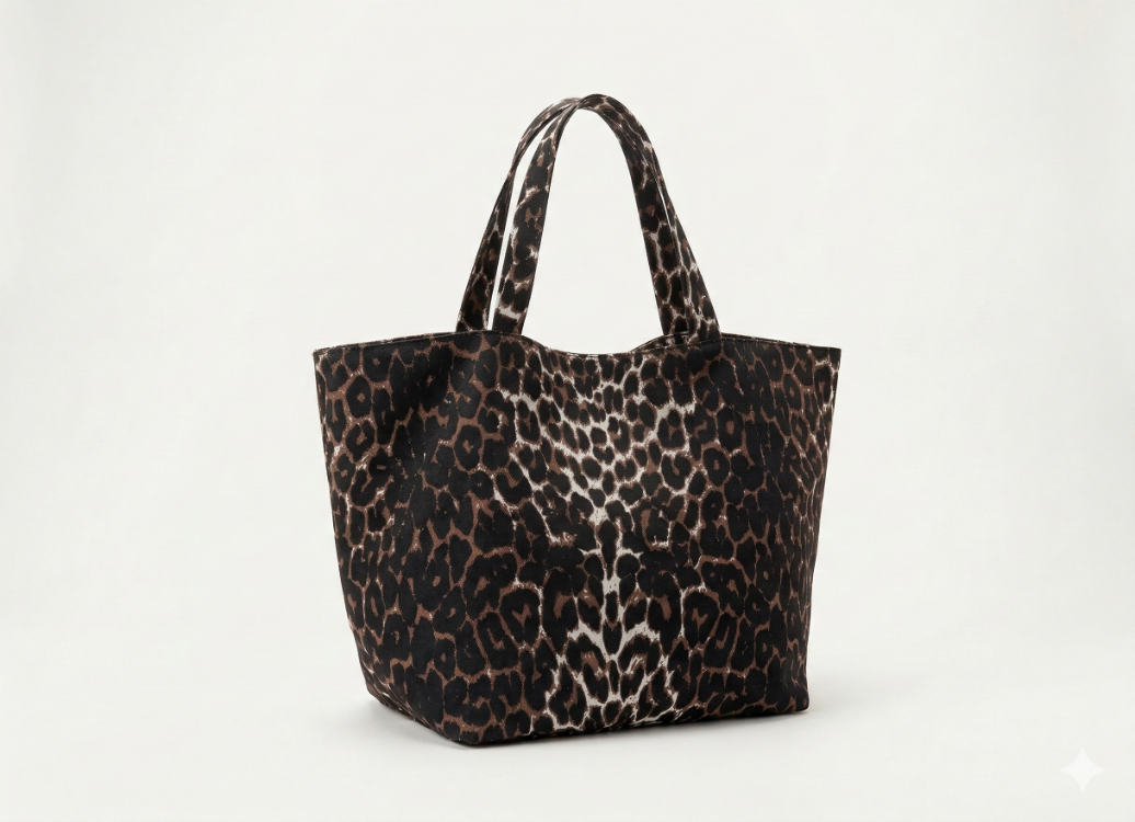 Pomèlie Mega Tote - Çift Taraflı (Leopar & Vizon) Dev Hacimli El Yapımı Çanta