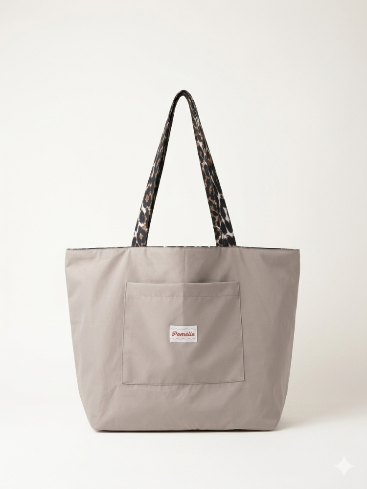 Pomèlie Mega Tote - Çift Taraflı (Leopar & Vizon) Dev Hacimli El Yapımı Çanta