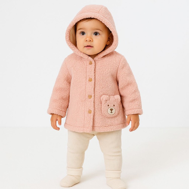 KIZ BEBEK KAPÜŞON DETAYLI PELUŞ CEKET
