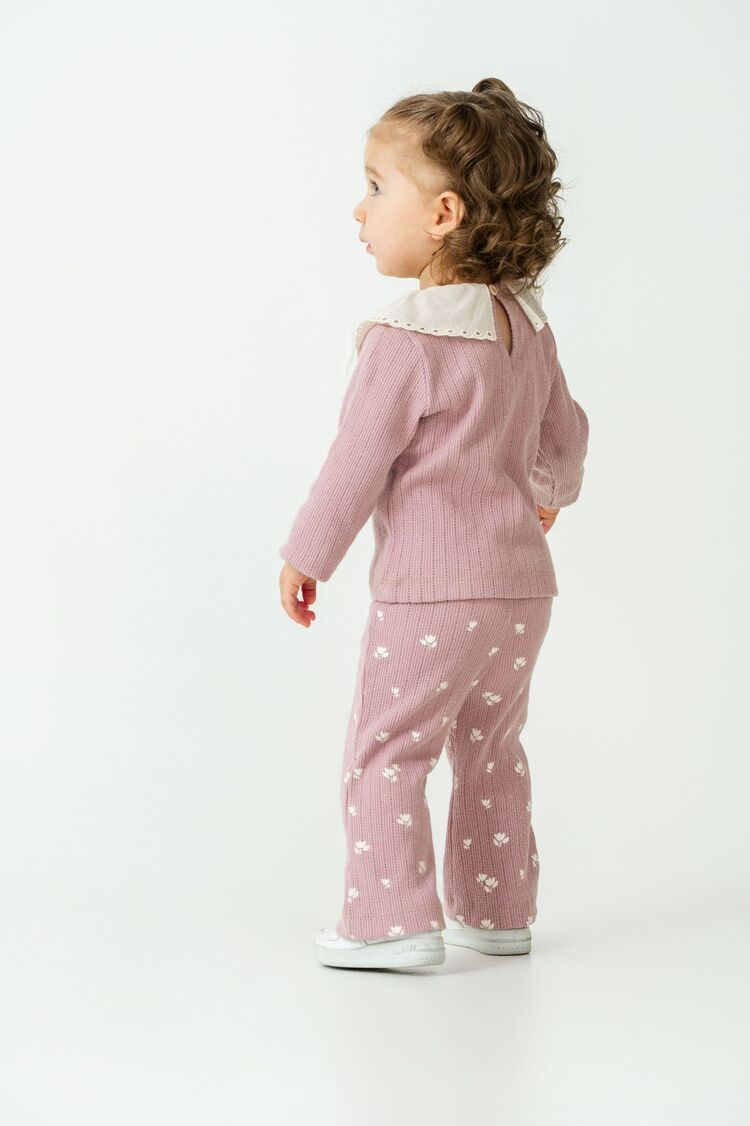 KIZ BEBEK YAKA DETAYLI ÇİCEKLİ ALT - ÜST TAKIM PAMUKLU