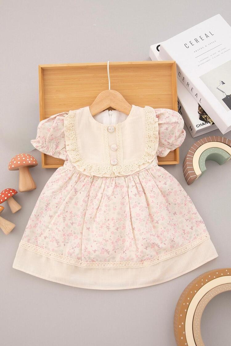 KIZ BEBEK PAMUKLU FİSTO DETAYLI ÇİÇEKLİ ELBİSE 12-36 AY