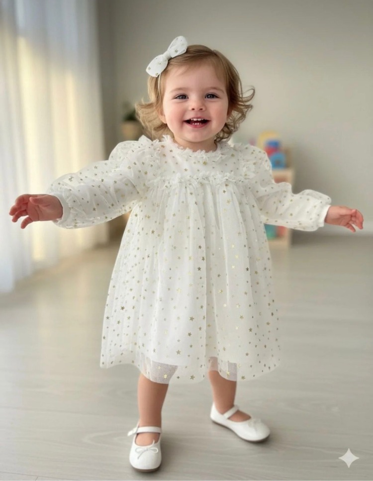 KIZ BEBEK %100 PAMUK ASTARLI YILDIZLI ELBİSE