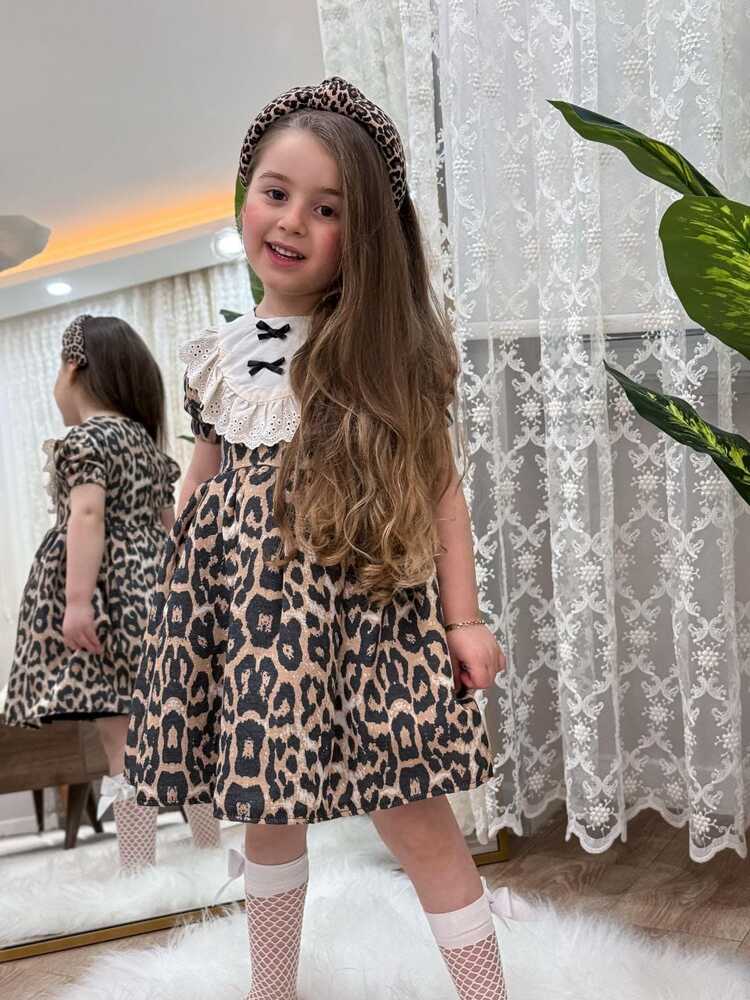 KIZ ÇOCUK LEOPAR DESENLİ DANTEL YAKA ELBİSE