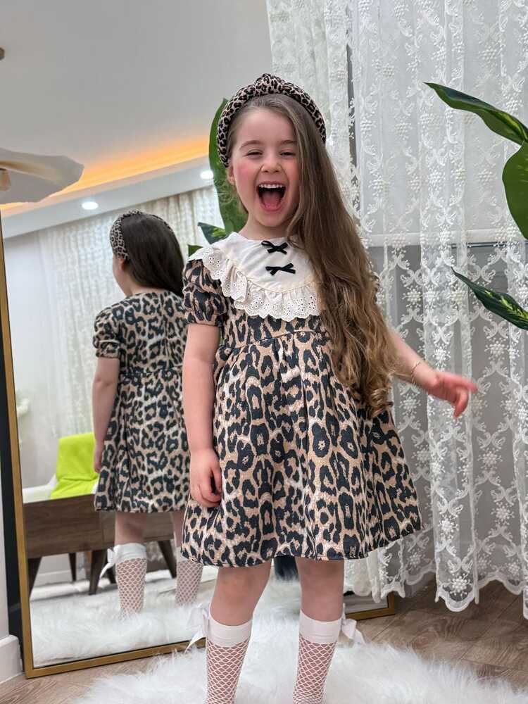 KIZ ÇOCUK LEOPAR DESENLİ DANTEL YAKA ELBİSE