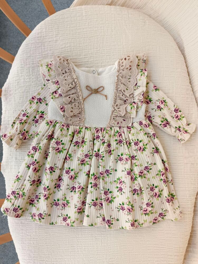 KIZ BEBEK ÇİÇEK DESENLİ DANTEL DETAYLI ELBİSE PAMUKLU