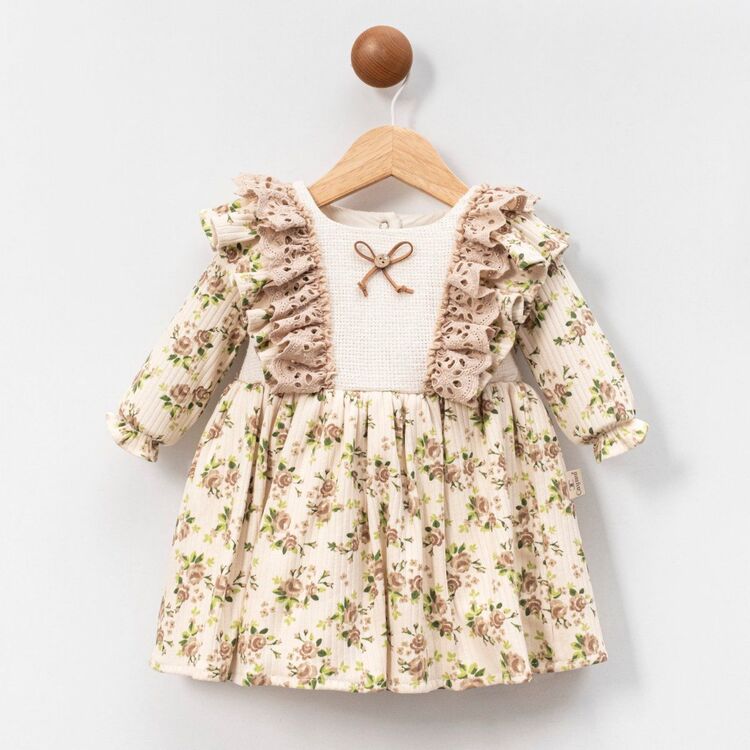 KIZ BEBEK ÇİÇEK DESENLİ DANTEL DETAYLI ELBİSE PAMUKLU