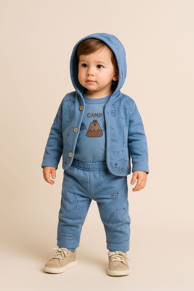 ERKEK BEBEK KAPÜŞON DETAYLI YELEKLİ 3'LÜ SET