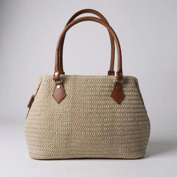 Raffia kumaş ve hakiki deri çanta