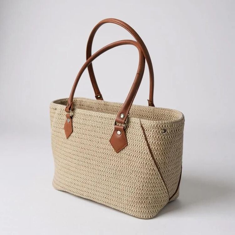 Raffia kumaş ve hakiki deri çanta
