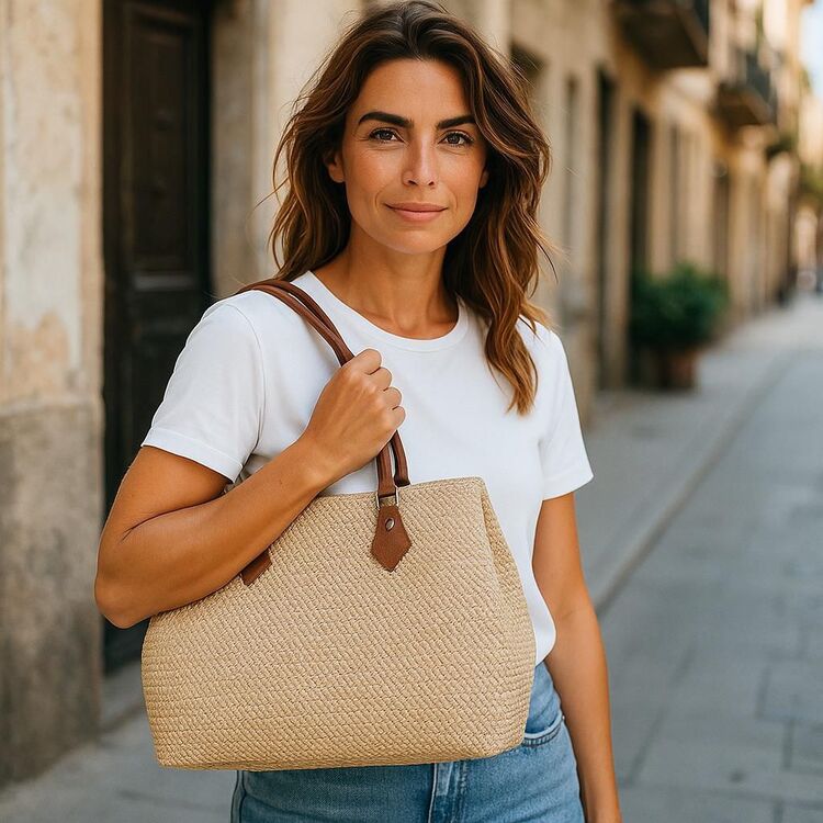 Raffia kumaş ve hakiki deri çanta