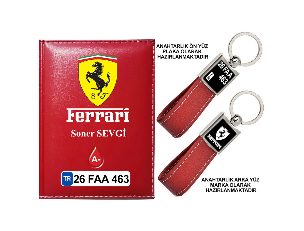 Plakanıza Özel Ferrari Logolu Ruhsat Kabı ve Anahtarlık 4 Renk Seçeneği Mevcuttur.