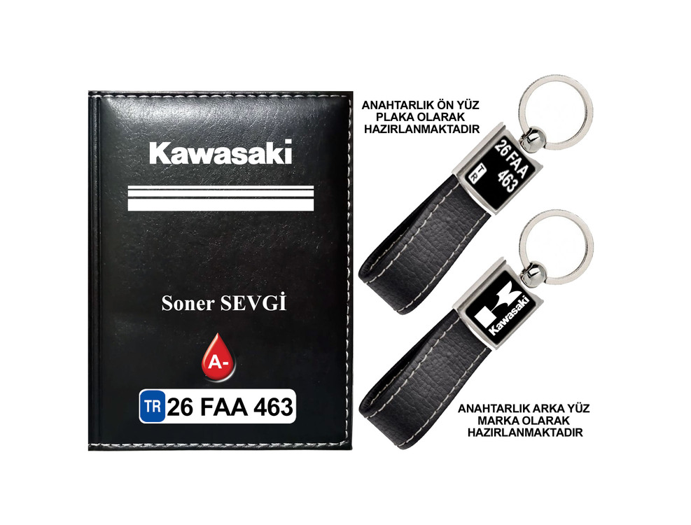 Plakanıza Özel Kawasaki Logolu Ruhsat Kabı ve Anahtarlık 4 Renk Seçeneği Mevcuttur.
