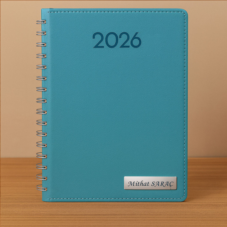 Kişiye Özel  2026 Tarihli Gizli Spiralli Turkuaz Ajanda ve Kalem Seti
