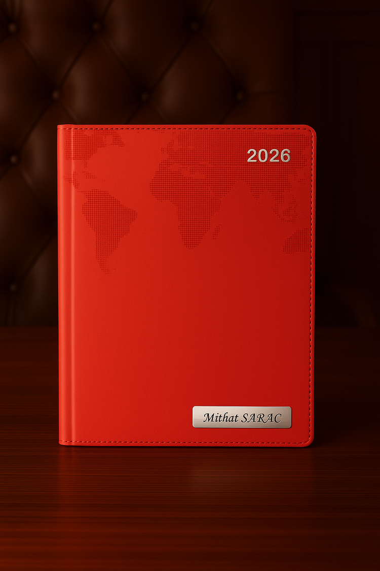 Isme Özel Kırmızı Dünya Baskılı Ajanda 2026 Tarihli - Isme Özel Kalem Hediyeli