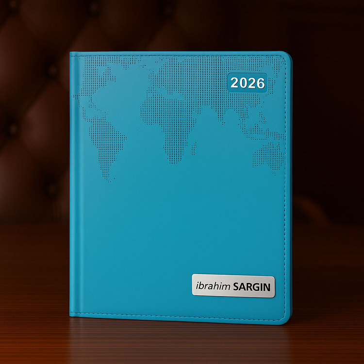 Isme Özel Turkuaz Dünya Baskılı Ajanda 2026 Tarihli - Isme Özel Kalem Hediyeli