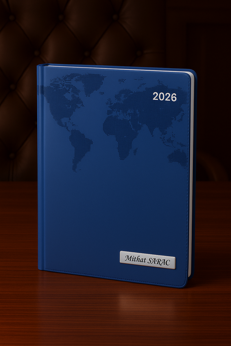 Isme Özel Lacivert Dünya Baskılı Ajanda 2026 Tarihli - Isme Özel Kalem Hediyeli