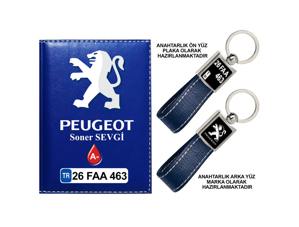 Plakanıza Özel Peugeot Logolu Ruhsat Kabı ve Anahtarlık 4 Renk Seçeneği Mevcuttur.