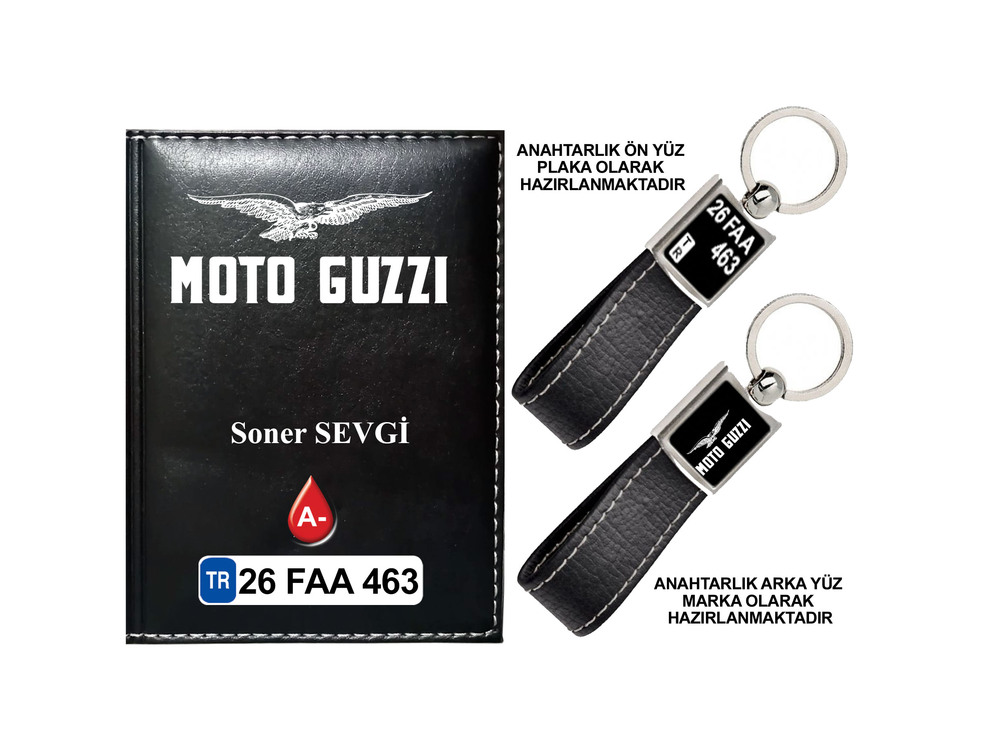 Plakanıza Özel Motoguzzi Logolu  Ruhsat Kabı ve Anahtarlık 4 Renk Seçeneği Mevcuttur.