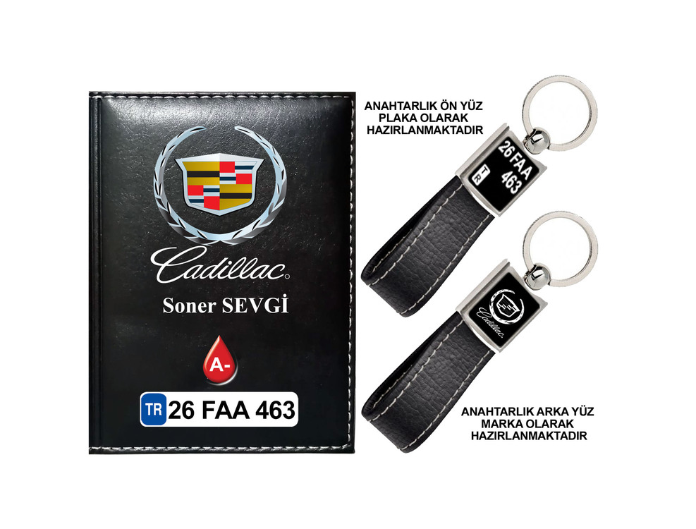 Plakanıza Özel Cadillac Logolu Ruhsat Kabı ve Anahtarlık 4 Renk Seçeneği Mevcuttur.
