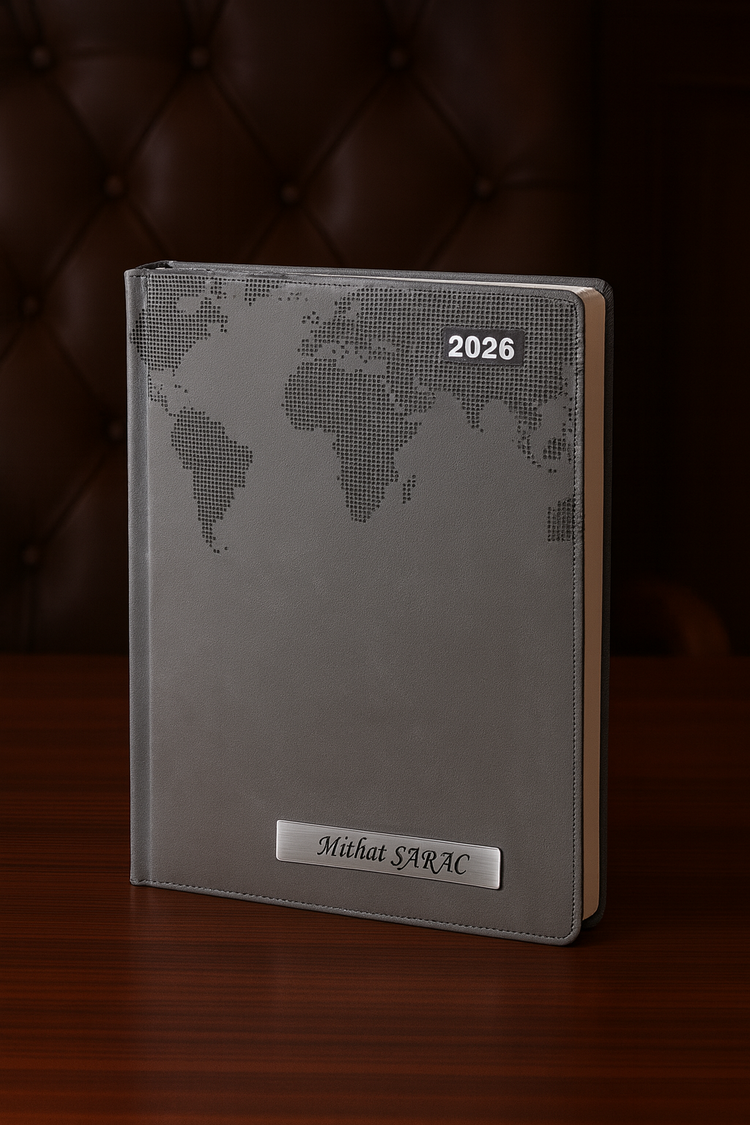 Isme Özel Gri Dünya Baskılı Ajanda 2026 Tarihli - Isme Özel Kalem Hediyeli