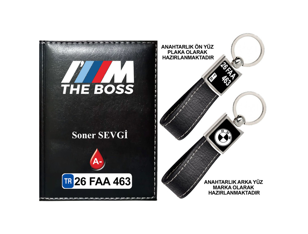 Plakanıza Özel BMW THE BOSS Logolu Ruhsat Kabı ve Anahtarlık 4 Renk Seçeneği Mevcuttur.