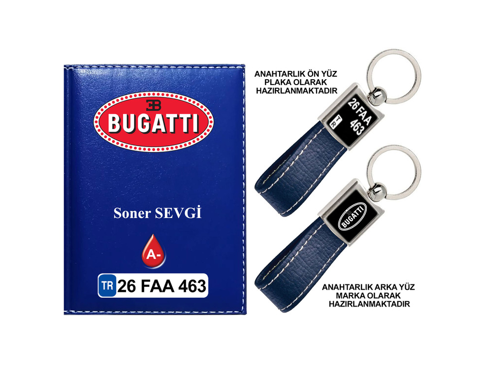 Plakanıza Özel Bugatti Logolu  Ruhsat Kabı ve Anahtarlık 4 Renk Seçeneği Mevcuttur.