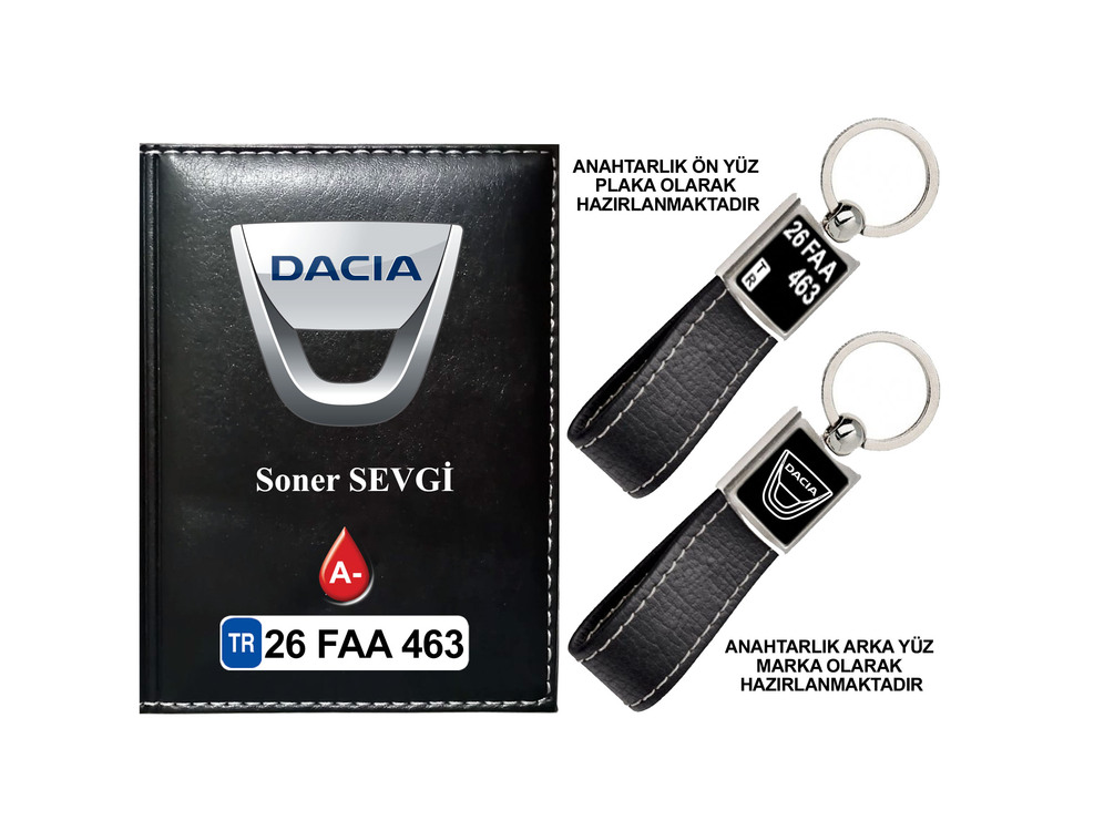 Plakanıza Özel Dacia Logolu Ruhsat Kabı ve Anahtarlık 4 Renk Seçeneği Mevcuttur.